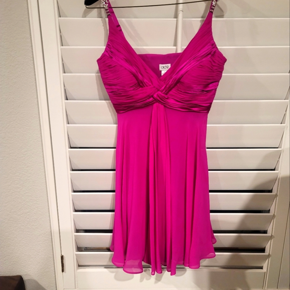 Cache Silk fuchsia Cocktail Dress rhinestone straps